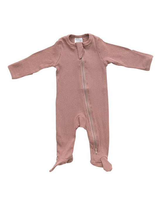 Mebie Baby - Dusty Rose Organic Cotton Ribbed Footed Zipper One-piece